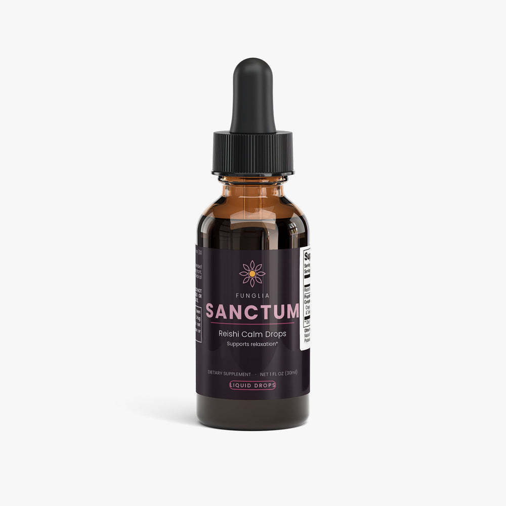 Funglia SANCTUM Reishi Calm Drops amber dropper bottle, front view