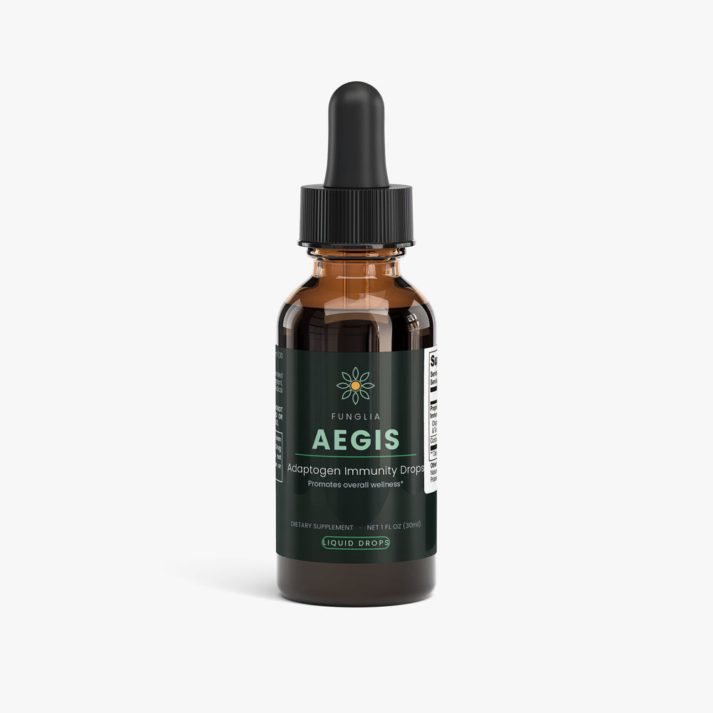 Funglia AEGIS Adaptogen Immunity Drops amber dropper bottle, front view