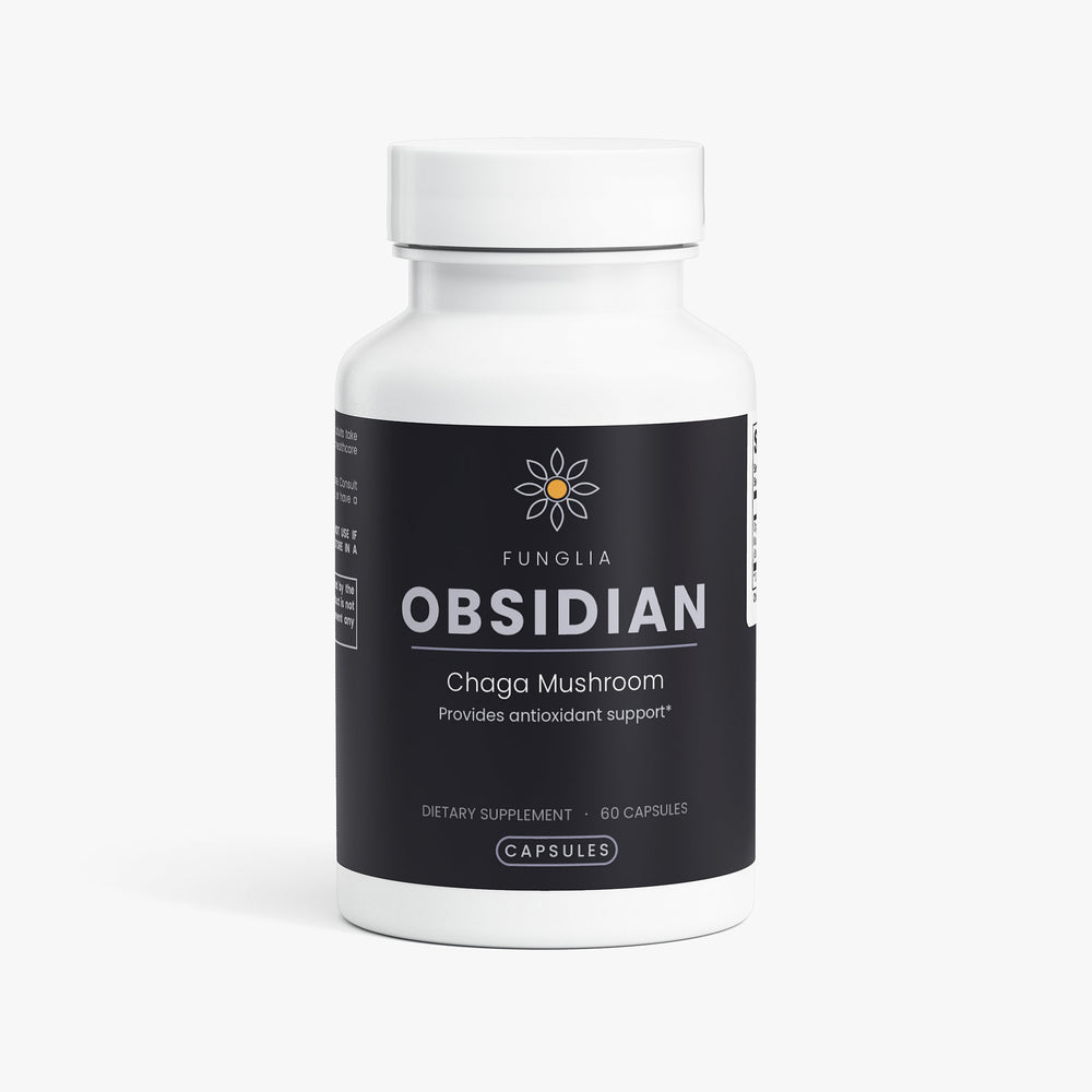 Funglia OBSIDIAN Chaga Mushroom capsules bottle, front view