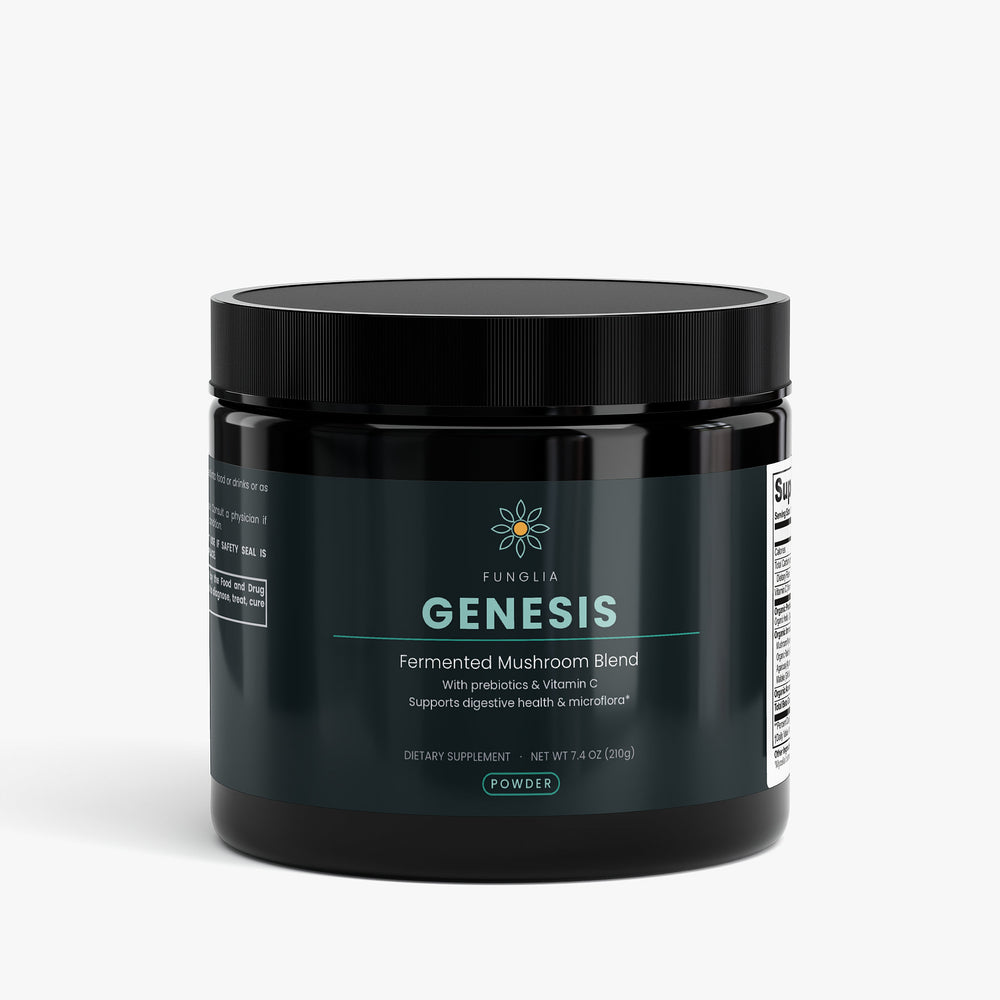 Funglia GENESIS Fermented Mushroom Blend powder jar, front view